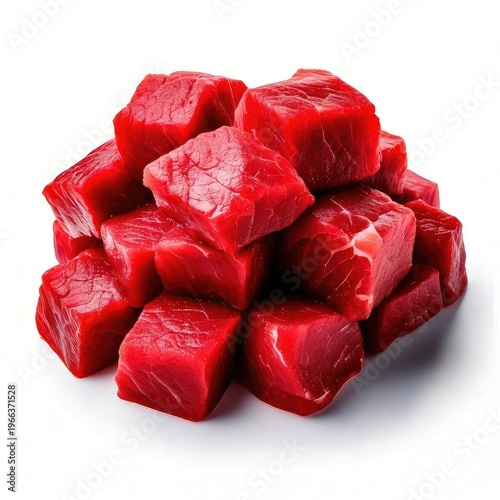 Cubed raw red meat piled high against a white background