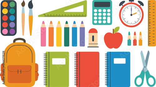 Minimalist educational vector set of school stationery featuring backpack, triangular ruler, notebooks, calculator, paintbrushes, coffee cup, and clock