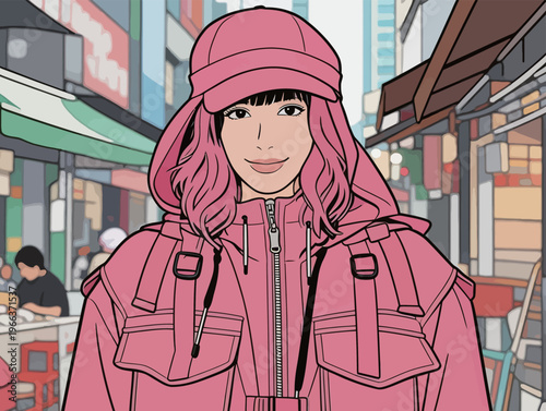 Woman wearing pink jacket poses on a busy street filled with shops and people in an urban setting