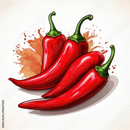 Vibrant red chili peppers with green stems, ink splash