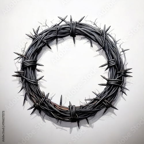 A circular wreath of sharp, dark thorns on white