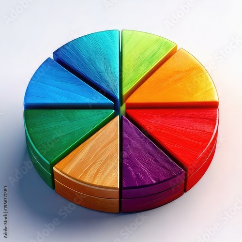 Colorful wooden pie chart, eight segments, white background