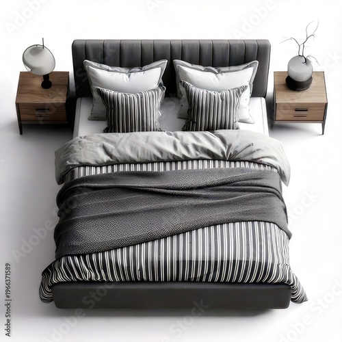 Modern bedroom setup with a striped blanket and pillows
