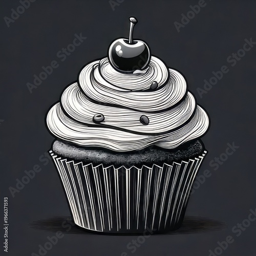B&W cupcake with swirl frosting and cherry on top