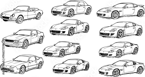 Sketch-Style Collection of Sport Cars: Hand-Drawn Automotive Icons for Design and Illustration