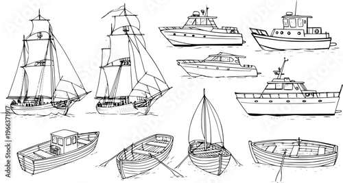 Nautical Vessels Sketch: Sailboats, Motorboats, Rowboats - Hand-Drawn Variety