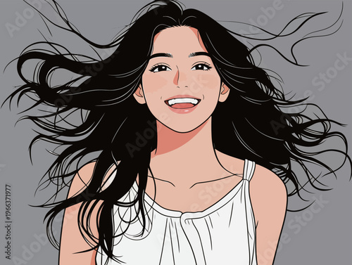 Young woman with long black hair smiles in front of a simple gray background during a sunny day