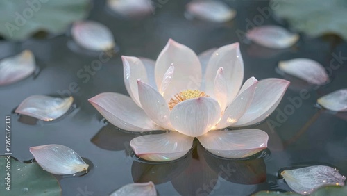 A single lotus flower in bloom with floating lily pads on a ponds surface