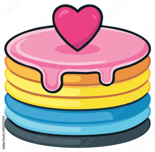 Pansexual pride pancakes stacked with pink frosting and heart decoration