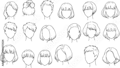 Diverse Hand-Drawn Hairstyles Collection: A Variety of Haircuts for Women and Men in Black and White Line Art, Perfect for Character Design Templates and Beauty Illustrations.