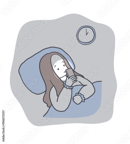 夜中の寝る前にスマホをいじって眠れない女性のイラスト素材