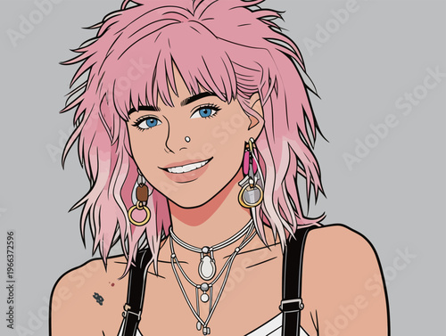 Young person with pink hair smiles and wears layered jewelry against a plain background