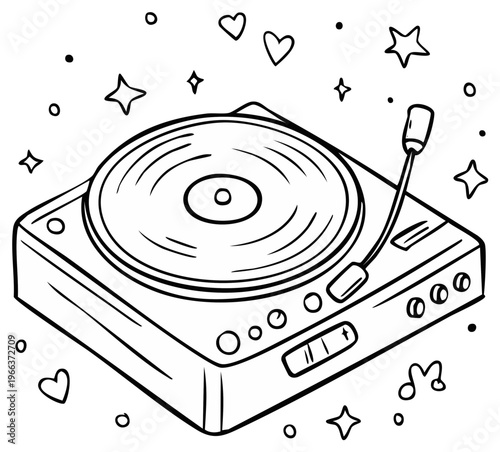 Retro turntable with spinning vinyl record and sparkling hearts and stars.