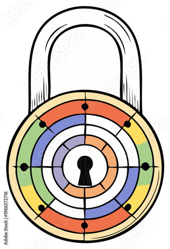 Colorful circular padlock illustration with target design, keyhole and open shackle