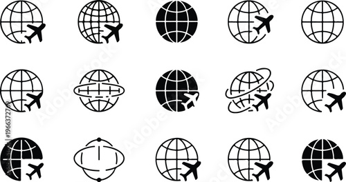 Flat line art collection of 16 Earth icons including flying planes, orbital paths, and standard globe symbols clean modern vector illustration