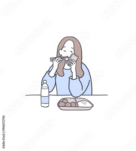 スマホを見ながら食事をする女性のイラスト素材
