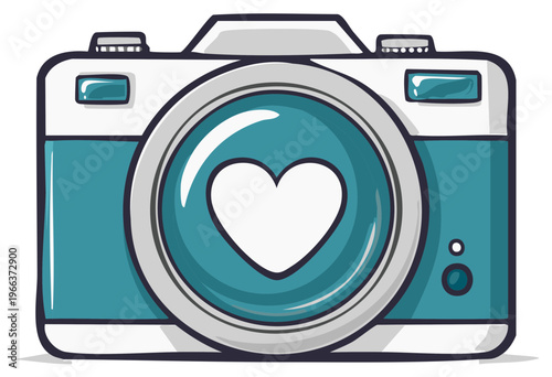 Retro camera with heart symbol in the lens capturing love and memories