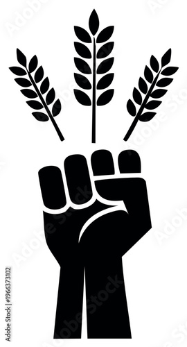 Symbolic black raised fist clutching three wheat ears representing agricultural labor and collective power