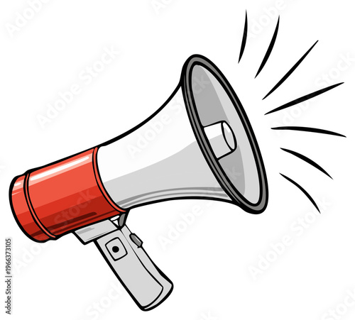 Red and white megaphone illustration with sound waves emanating from the speaker announcing an alert or message