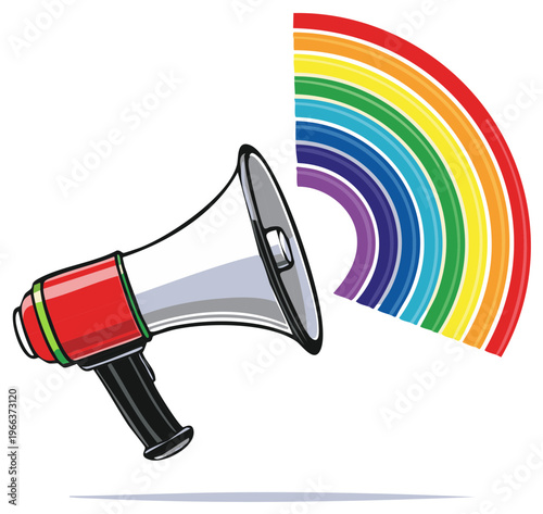 Megaphone broadcasting vibrant rainbow colors symbolizing communication diversity and equality