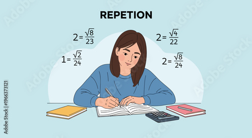 Young woman solving complex mathematical equations with books and calculator