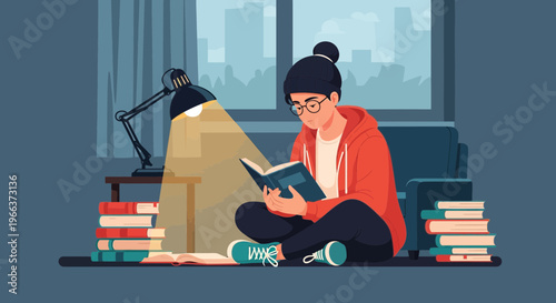 Young adult engrossed in reading a book under a desk lamp at home with a cityscape view