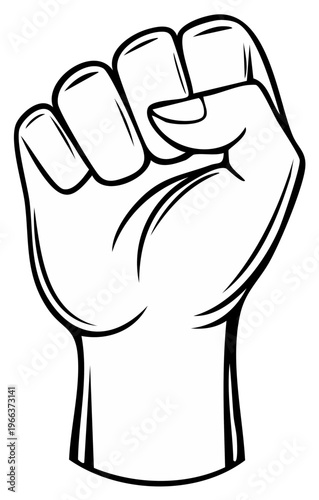Strong clenched fist raised in a symbol of power, unity, and protest against a white background.
