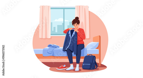 Teenager girl preparing her outfit in a bedroom, getting ready for the day