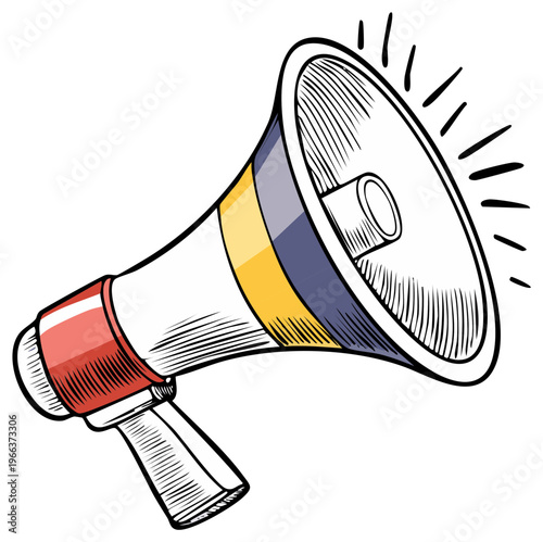 Illustration of a hand-drawn megaphone with vector hatching to announce news and attract attention to important information.