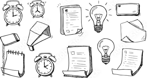 Doodle Business Elements: Sketchy Clocks, Papers, Lightbulbs  More - Black and White Vector Illustration