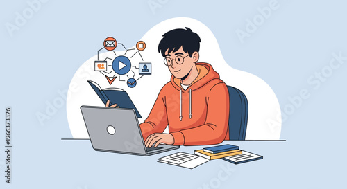 Young student actively engaged with online learning resources, using a laptop and book for research and study.