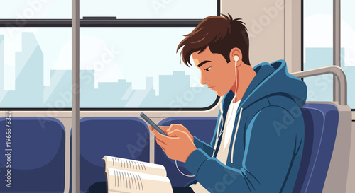 Young man reading notes on his phone while listening to music on a train journey