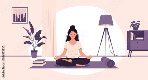 Woman meditating in lotus pose indoors, practicing yoga for peace and focus