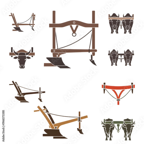 Vintage ox plows and yokes silhouettes collection,  A collection of traditional, vintage plows and ox yokes. Includes multiple silhouettes of animal-drawn plows with different designs,