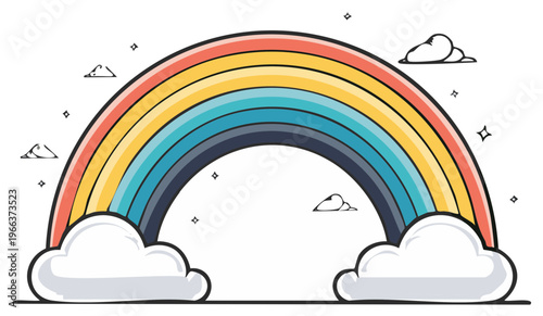 Colorful cartoon rainbow illustration with fluffy clouds and sparkling stars