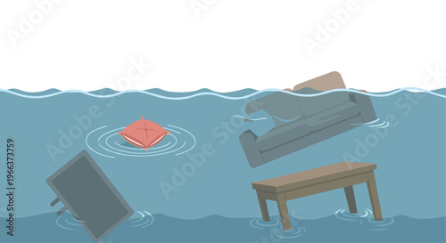 Household furniture including a sofa, television, table, and pillow are floating in blue floodwaters.