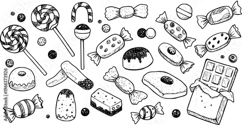 Hand-drawn collection of assorted sweet candies, chocolates, lollipops, and various desserts in a black and white outline sketch style.
