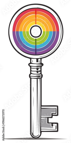 Vintage Style Key with Rainbow Spectrum Inside. Symbol of LGBTQ Community. Illustration
