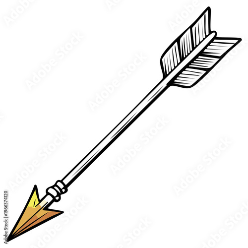 Illustrated arrow with feather fletching and golden arrowhead in a vintage style.