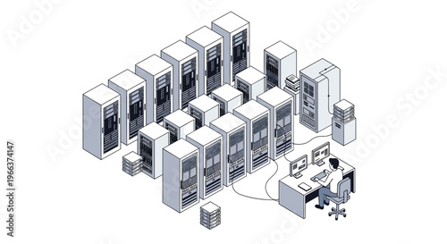 A lone person operates two computers at a desk, connected to numerous server racks arranged in an isometric data center illustration.