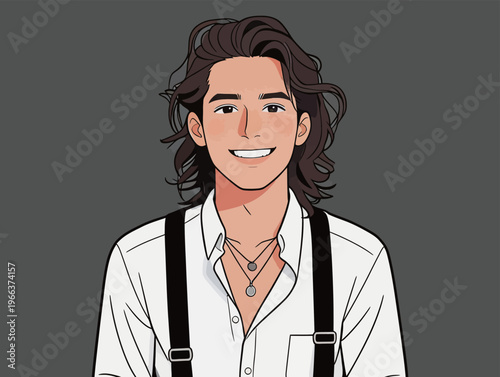 Young man with long hair smiles while wearing a white shirt and black suspenders in a simple setting