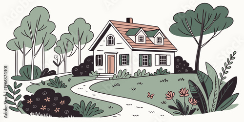 A rural farm scene with a horse and a horse-drawn wagon