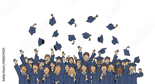 A diverse group of smiling graduates in blue caps and gowns are joyfully throwing their caps into the air.