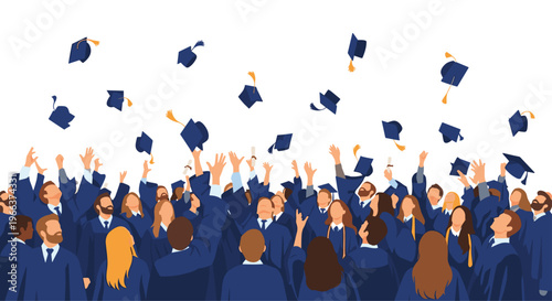 A large crowd of diverse graduates in blue caps and gowns are seen from behind and side angles, celebrating their achievement.