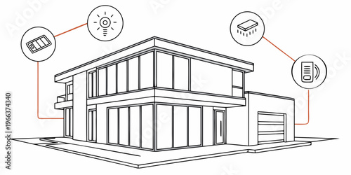 Traditional house with tiled roof and chimney on a cloudy day