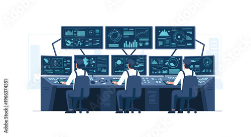 Three male operators are seated at a long control panel, monitoring multiple blue data screens in a modern command center.