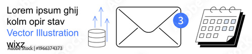 Digital communication, data management, email alerts, reminders, scheduling, workflow optimization. Envelope with notification and database icon. Email alerts and scheduling workflow concept