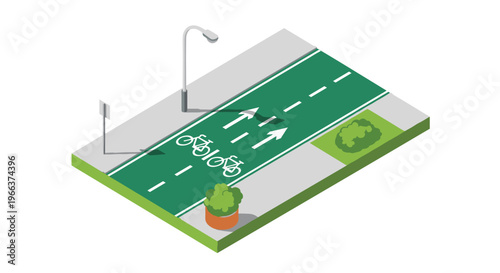 A green bicycle lane with white markings and two bike icons is depicted on an isometric road with a lamppost and greenery.