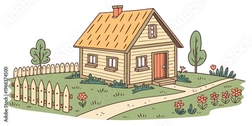 A quaint wooden house with a chimney and a small garden