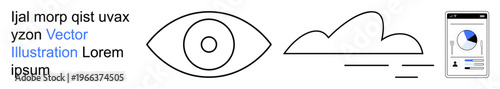 Data analysis, vision, cloud computing, mobile technology, minimalism, connectivity. An eye, a cloud a smartphone displaying a graph. Vision and data analysis insight and analytics